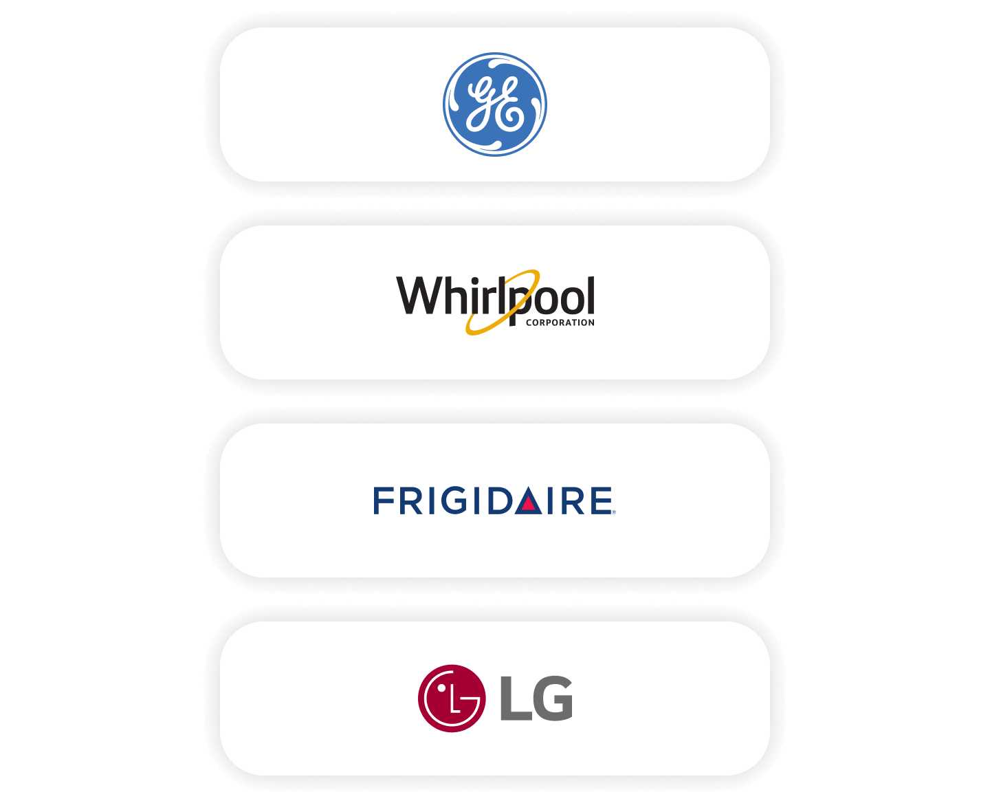 Logos that include GE, Whirlpool, Frigidaire & LG